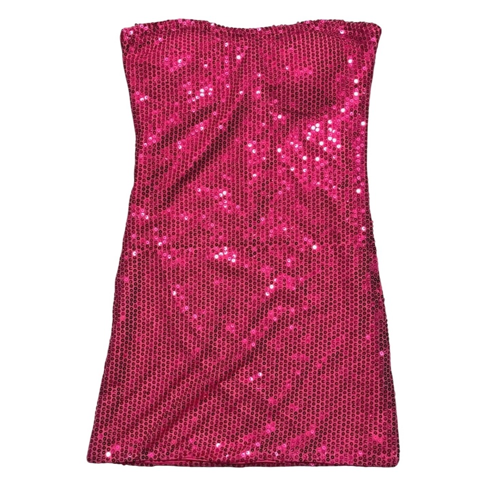 Sugar & Spice Fuchsia Sequin Strapless Mini Dress Size L Pink Sparkly Party Y2K